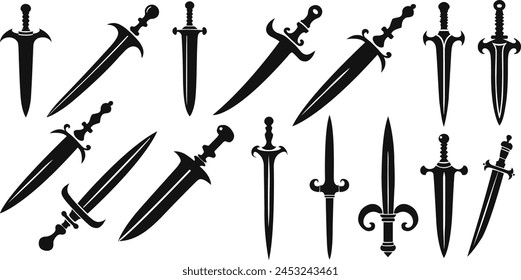 Black flat sword silhouettes set. Set of sword silhouettes. Vector illustration