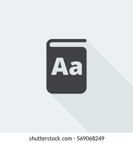 Black flat Text Book icon with long shadow on white background