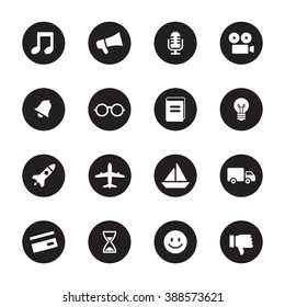 black flat transport and miscellaneous icon set on circle for web design, user interface (UI), infographic and mobile application (apps)