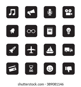 black flat transport and miscellaneous icon set on rounded rectangle for web design, user interface (UI), infographic and mobile application (apps)