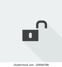 Black flat Unlock icon with long shadow on white background