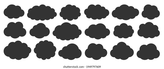 Black flat vector cloud set. Clouds cartoon symbols on white background for web site design, logo, app. Bubble icon collection for infographic design. Label and stickers