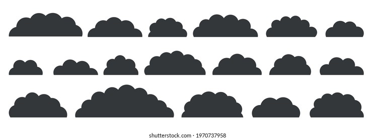 Black flat vector cloud set. Clouds cartoon symbols on white background for web site design, logo, app. Bubble icon collection for infographic design. Label and stickers