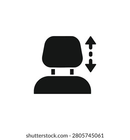 Black flat vector icon showing a car seat headrest with vertical adjustment arrows. Ideal for ergonomic seating guides, vehicle interior control manuals, automotive comfort apps, and passenger safety documentation. Clean minimalist symbol for modern car technology and seat configuration systems.