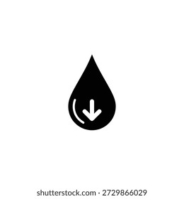 Black flat vector icon of water drop with down arrow, symbolizing decreasing liquid level, draining fluid, or water conservation