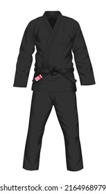 Ilustración vectorial plana negra. Kimono y pantalones con ilustración vectorial del cinturón negro en estilo plano. Kit brasileño Jiu-Jitsu. Aislado. sobre fondo negro.	