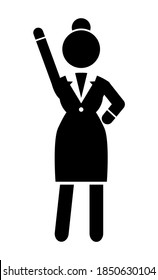 Black flat vector silhouette of businesswoman with hand up. Confident woman. Vector sketchy simplified figure of woman. Business website infographics. Female in strict black suit. Rounded edges shape