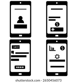Black flat vector UI mockup featuring four smartphone screens displaying settings pages, toggle buttons, and clean interface elements. Perfect for mobile app design, wireframing, and UX UI presentatio