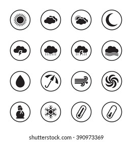black flat weather icon set with circle frame for web design, user interface (UI), infographic and mobile application (apps)
