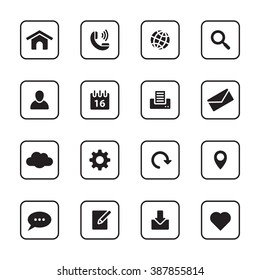 black flat web and technology icon set with rounded rectangle frame for web design, user interface (UI), infographic and mobile application (apps)