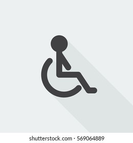 Black Flat Wheel Chair Icon With Long Shadow On White Background