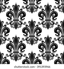 Black fleur-de-lis ornate seamless pattern of victorian leaf scrolls with ornamental swirling petals and curly tendrils on white background. Use as french royal concept or vintage interior design