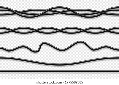Black flexible cables collection. Electrical wire. Realistic power or network cable. Vector illustration.