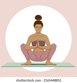 Black flexible girl with afro hair doing yoga in the garland pose, on the mat. Flat vector illustration on yogic workout; wellness, healthy and spiritual lifestyle concept. Ma lasana pose for yoga day