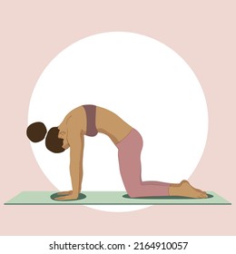 Black flexible girl with hair doing yoga in the cat pose, on the mat. Flat vector illustration on yogic workout; wellness, healthy and spiritual lifestyle concept. Marjariasana pose for yoga day