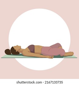 Black flexible girl with hair doing yoga, Reclining Bound Angle Pose, with mat. Flat vector illustration on yogic workout; wellness, healthy and spiritual lifestyle concept. Supta Baddha Konasana