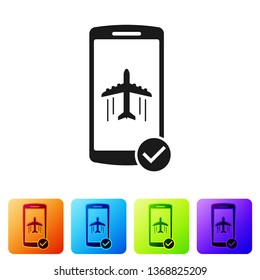 Black Flight mode in the mobile phone icon isolated on white background. Airplane or aeroplane flight offline mode passenger regulation airline . Set icon in color square buttons. Vector Illustration