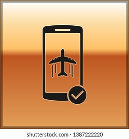 Black Flight mode in the mobile phone icon isolated on gold background. Airplane or aeroplane flight offline mode passenger regulation airline . Vector Illustration