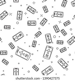 Black Flight mode in the mobile phone icon isolated seamless pattern on white background. Airplane or aeroplane flight offline mode passenger regulation airline . Vector Illustration