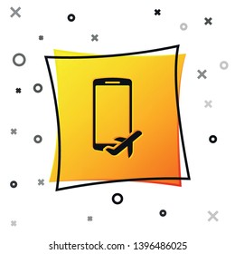 Black Flight mode in the mobile phone icon isolated on white background. Airplane or aeroplane flight offline mode passenger regulation airline . Yellow square button. Vector Illustration