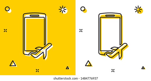 Black Flight mode in the mobile phone icon isolated on yellow and white background. Airplane or aeroplane flight offline mode passenger regulation airline . Random dynamic shapes. Vector Illustration