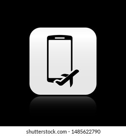 Black Flight mode in the mobile phone icon isolated on black background. Airplane or aeroplane flight offline mode passenger regulation airline . Silver square button. Vector Illustration