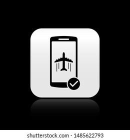 Black Flight mode in the mobile phone icon isolated on black background. Airplane or aeroplane flight offline mode passenger regulation airline . Silver square button. Vector Illustration
