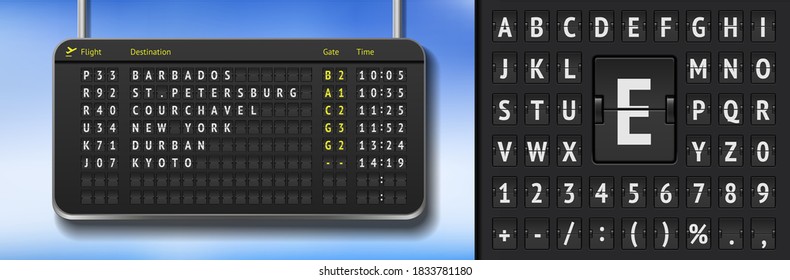 Black flight timetable with departures. 3D Airport scoreboard with cancelled flights due to covid pandemy. Vector Realistic flip airport scoreboard template. Airport alphabet board on dark background