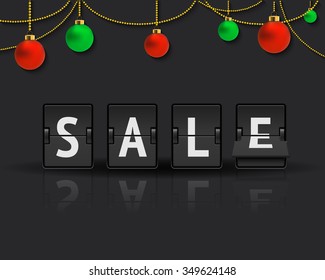 Black flip clock, analog scoreboard with hanging christmas balls for christmas and new year sale. Vector illustration of flip countdown calendar to promote the sales.