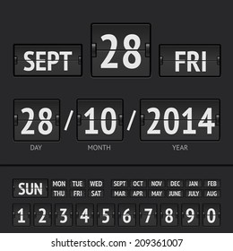 Black flip scoreboard digital calendar with date and time of the week