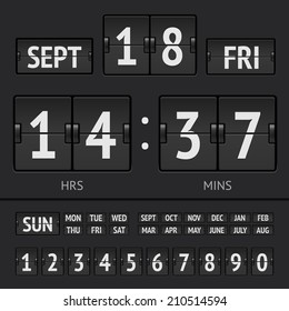 Black flip scoreboard digital timer with date and time of the week