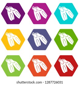 Black flippers for diving icons 9 set coloful isolated on white for web