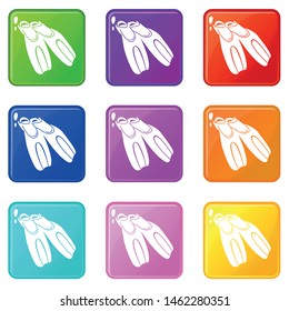 Black flippers for diving icons set 9 color collection isolated on white for any design