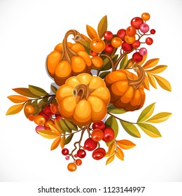 Black flirty bow decorated with small pumpkins and twigs of a viburnum or rowan object isolated on a white background