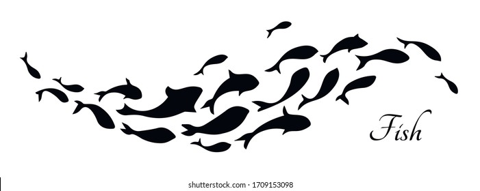 Black flock fish. School of fish. Logo template design. Vector illustration.