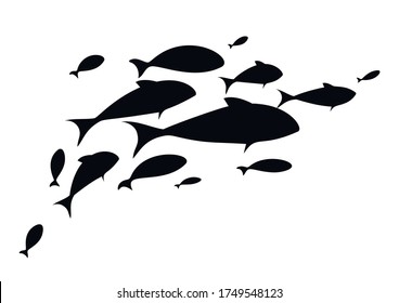 Black flock fish. School of fish. Logo template . Vector illustration.