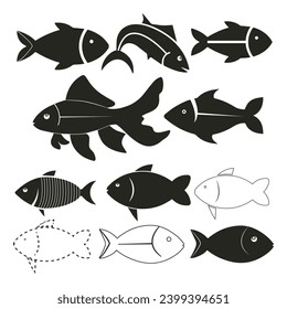 Pescado de rebaño negro. Escuela de pescado. Diseño de la plantilla de logotipo. Ilustración vectorial. Juego de íconos mínimos de peces que muestran animales acuáticos con varias aletas, escalas, colas y agallas nadando en el agua.