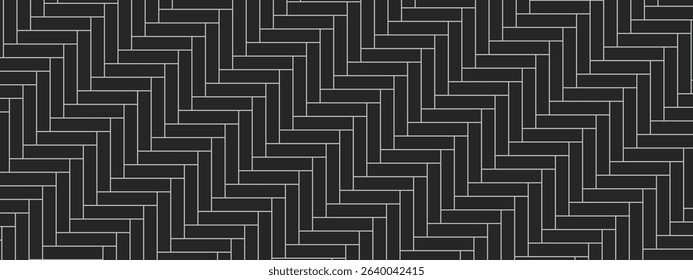 Black floor pattern in herringbone layout. Tile texture with white seams creates seamless contrast. Optical illusion. Clean vector base for interior or digital use. Vector illustration.