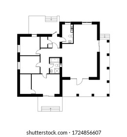 Black  floor plan of a modern unfurnished apartment isolated on white background. Vector blueprint suburban house  for your design.  Interesting architectural project.