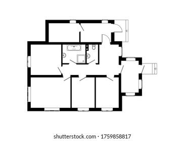 Black  floor plan of a modern unfurnished apartment isolated on white background. Vector blueprint suburban house  for your design.  Interesting architectural project.