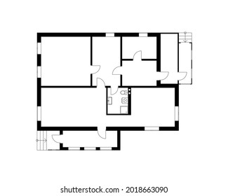 Black  floor plan of a modern unfurnished apartment isolated on white background. Vector blueprint suburban house  for your design.  Interesting architectural project.