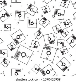 Black Floppy disk in the 5.25-inch icon isolated seamless pattern on white background. Floppy disk for computer data storage. Diskette sign. Vector Illustration