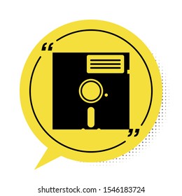 Black Floppy disk in the 5.25-inch icon isolated on white background. Floppy disk for computer data storage. Diskette sign. Yellow speech bubble symbol. Vector Illustration