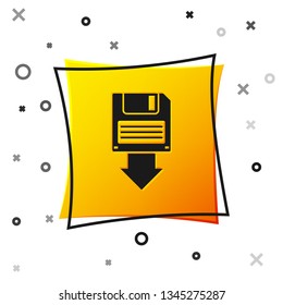 Black Floppy disk backup icon isolated on white background. Diskette sign. Yellow square button. Vector Illustration