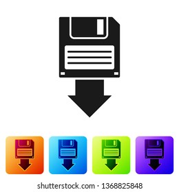 Black Floppy disk backup icon isolated on white background. Diskette sign. Set icon in color square buttons. Vector Illustration