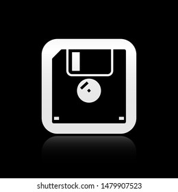 Black Floppy disk for computer data storage icon isolated on black background. Diskette sign. square button. Vector Illustration