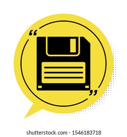 Black Floppy disk for computer data storage icon isolated on white background. Diskette sign. Yellow speech bubble symbol. Vector Illustration