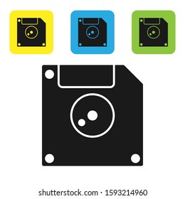 Black Floppy disk for computer data storage icon isolated on white background. Diskette sign. Set icons colorful square buttons. Vector Illustration