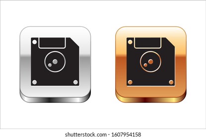 Black Floppy disk for computer data storage icon isolated on white background. Diskette sign. Silver-gold square button. Vector Illustration
