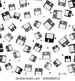 Black Floppy disk for computer data storage icon isolated seamless pattern on white background. Diskette sign.  Vector Illustration